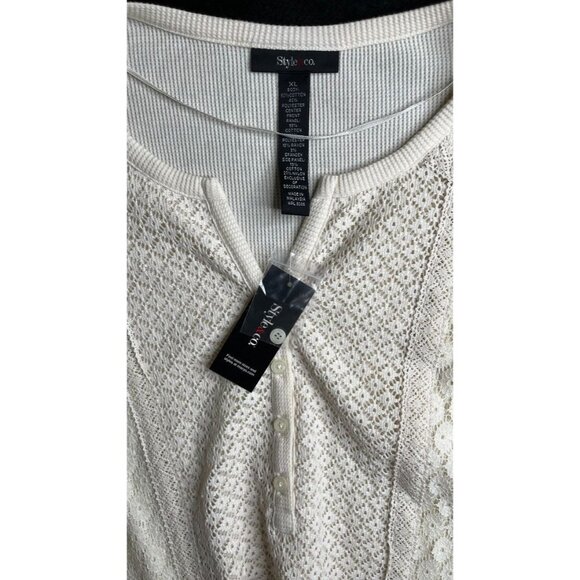 Style & Co Thermal Knit Long Sleeve Top Size XL lace Front Warm Ivor V Neck NWT - Picture 10 of 12